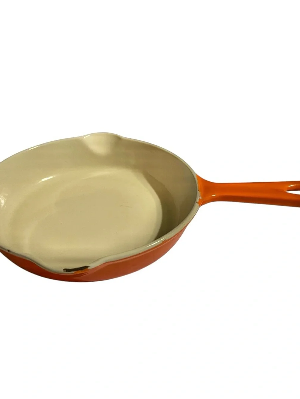 Le Creuset Orange flame Enamel Cast Iron Sm Skillet #16 France Double Spout 6”